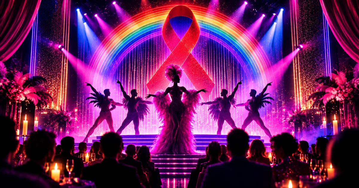 KI-generierte Illustration einer AIDS-Benefizgala mit roter Schleife und Regenbogen über einer pink-violetten Bühne