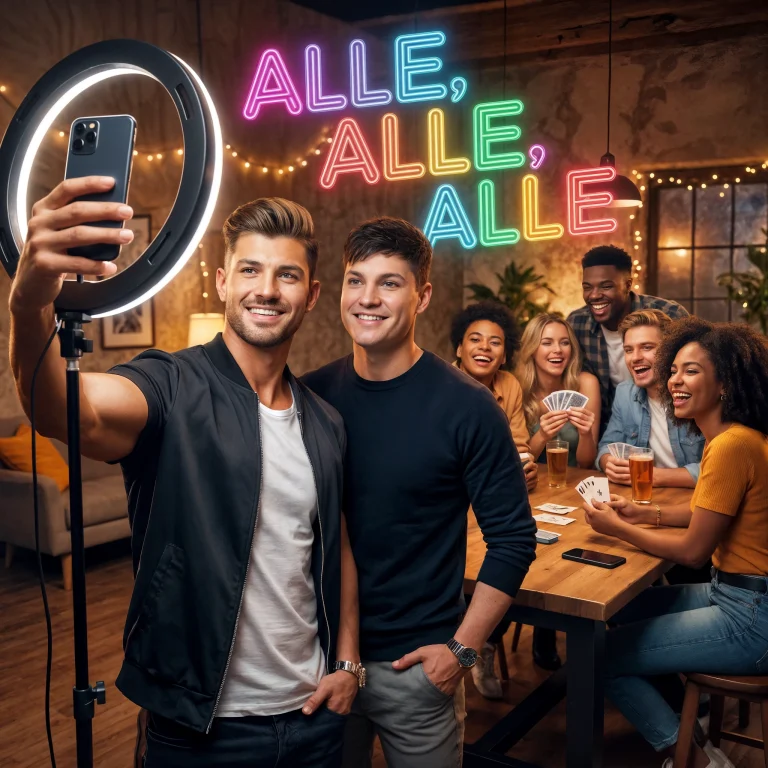 Offizielles Cover zum GayCrew-Song „Alle, alle, alle“ mit zwei Männern beim Selfie und Freunden am Spieleabend
