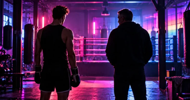 Alles was zählt: KI-generierte Symbolillustration zu Nicks Coming-out mit Kickboxer und Vaterfigur in einem pink-violetten Boxstudio