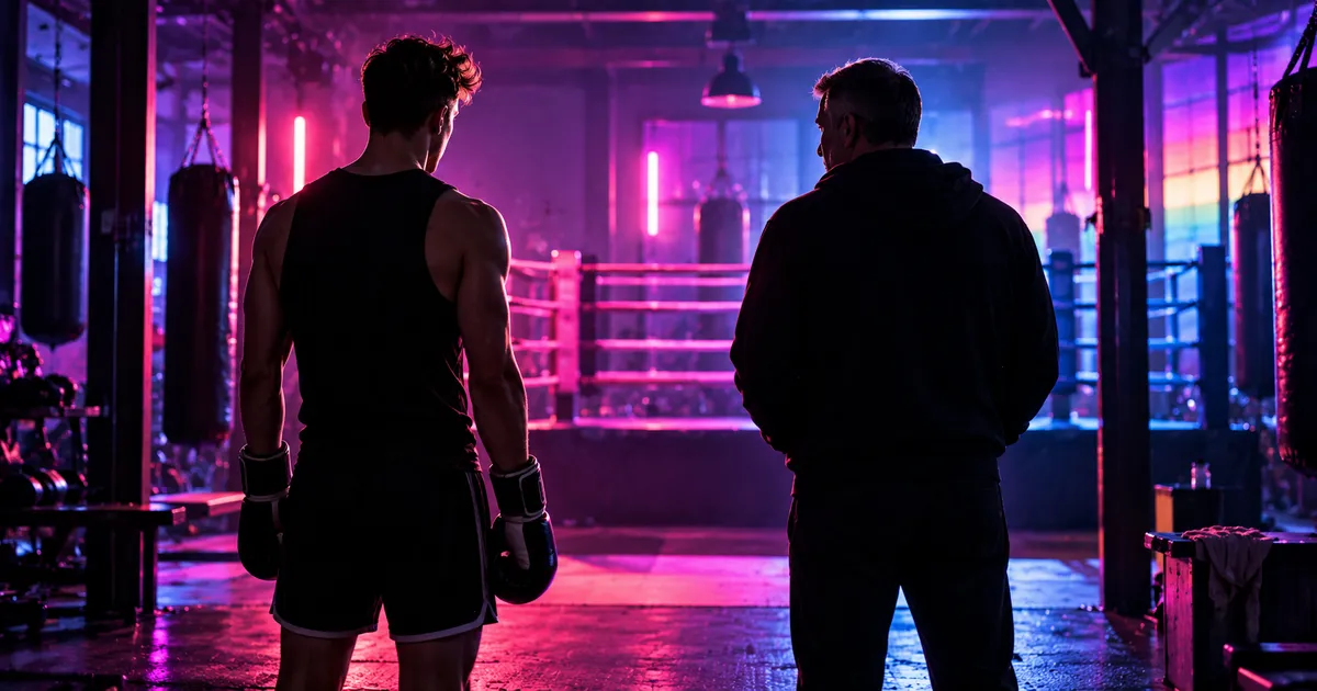 Alles was zählt: KI-generierte Symbolillustration zu Nicks Coming-out mit Kickboxer und Vaterfigur in einem pink-violetten Boxstudio