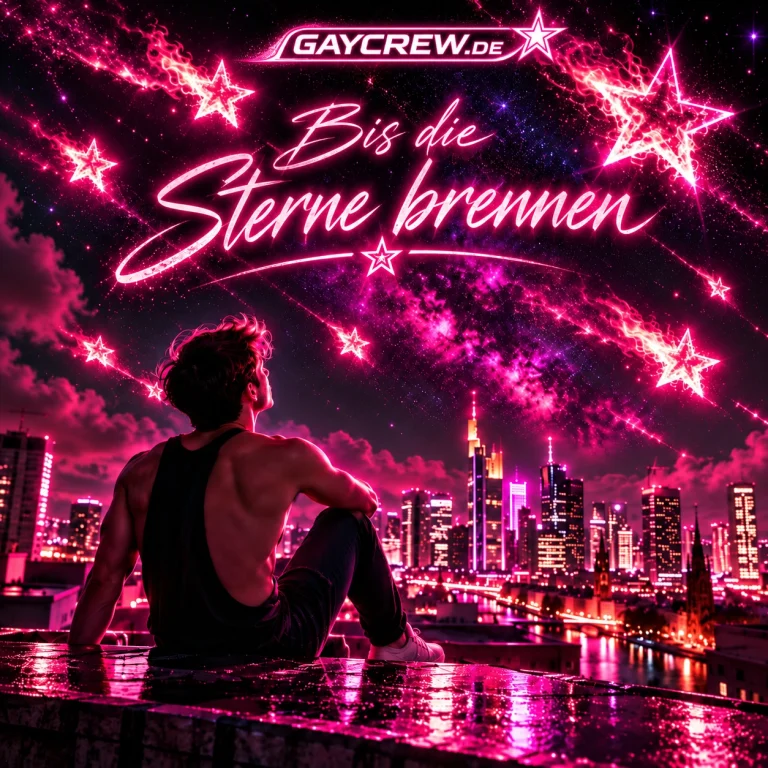 KI-generierte Illustration: Offizielles GayCrew-Cover Bis die Sterne brennen: pink leuchtende Sterne über einer nächtlichen Skyline und einem Mann auf einem Dach