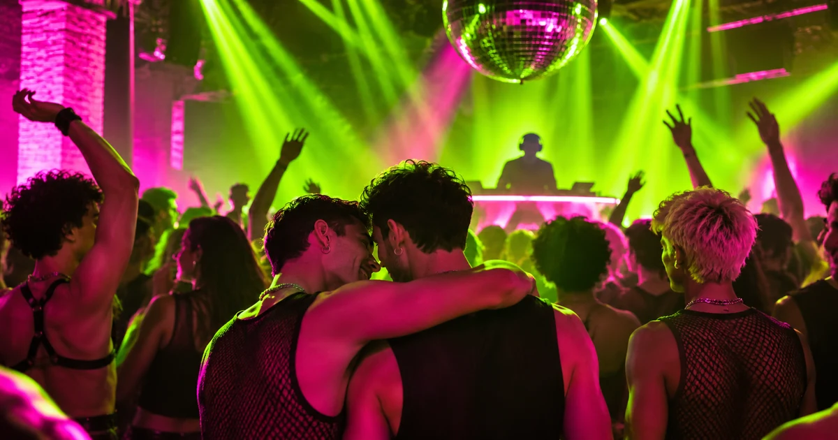 KI-generierte Clubszene mit tanzenden queeren Gästen und DJ im limettengrünen und pinken Licht, Symbolbild zur Bratty-Party in Bochum