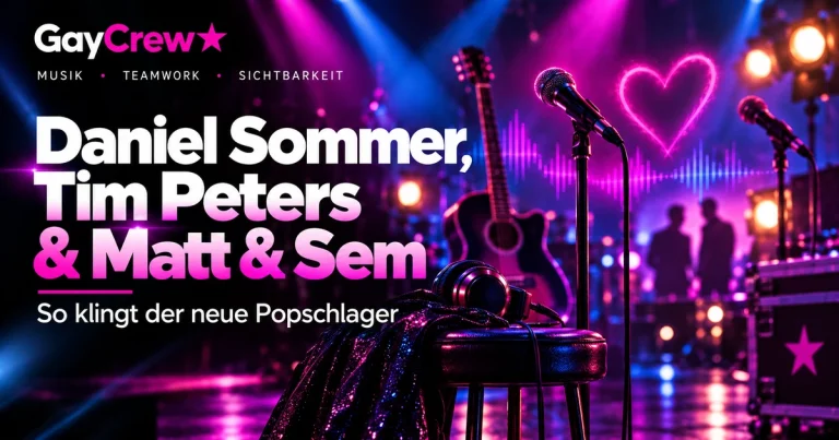 GayCrew-Titelgrafik Daniel Sommer, Tim Peters und Matt & Sem mit pink-violetter Konzertbühne, Mikrofonen und Musikelementen, ohne echte Künstlerporträts
