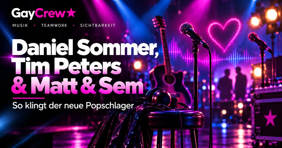 KI-generierte Illustration: GayCrew-Titelgrafik Daniel Sommer, Tim Peters und Matt & Sem mit pink-violetter Konzertbühne, Mikrofonen und Musikelementen, ohne echte Künstlerporträts