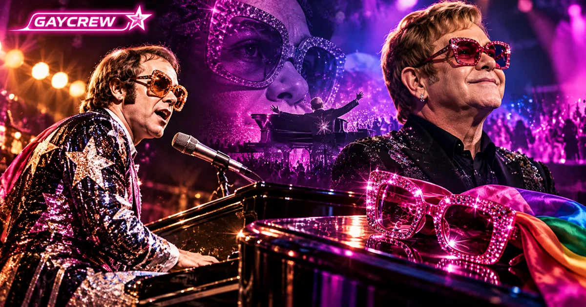 Elton John Coming-out 1976: GayCrew-Editorialillustration mit Pianist, Glitzerbrille und Regenbogenfarben