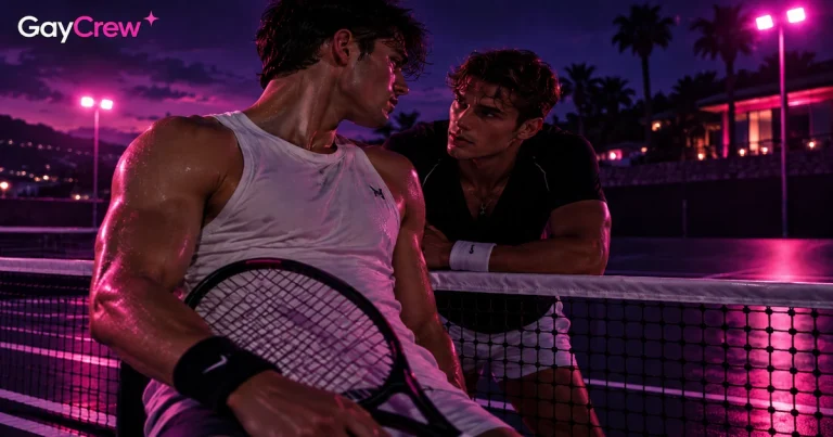 Romeo Beckham Forty Love – KI-generierte GayCrew-Illustration zweier Tennisspieler am Netz im pink-violetten Licht