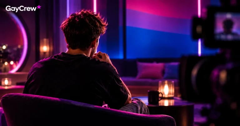 Frankie Taber Coming-out Big Brother UK: GayCrew-Symbolillustration eines Mannes in einem Fernseh-Sprechzimmer mit Pink-Violett-Beleuchtung