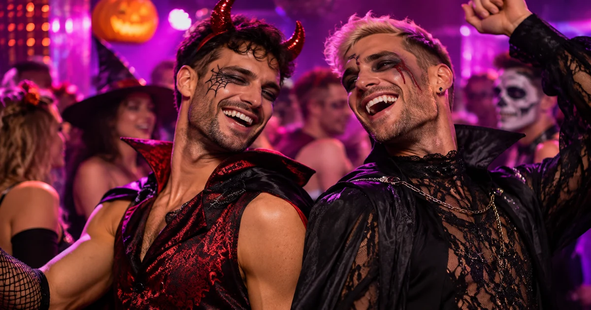 Zwei kostümierte Männer tanzen auf einer fiktiven queeren Halloween-Party im pink-violetten Clublicht