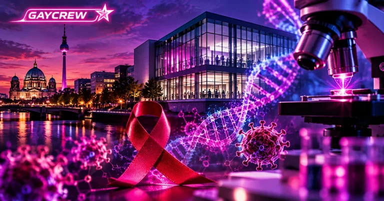 KI-generierte Illustration: HIV-Heilungsforschung in Berlin: GayCrew-Illustration mit Mikroskop und roter Aids-Schleife