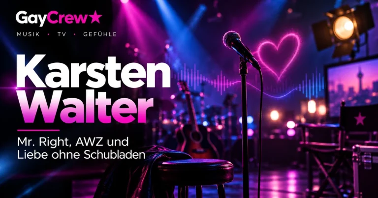 GayCrew-Editorialgrafik zu Karsten Walter 2026 mit Mikrofon und pink-violetter Bühnenbeleuchtung, ohne Personenporträt