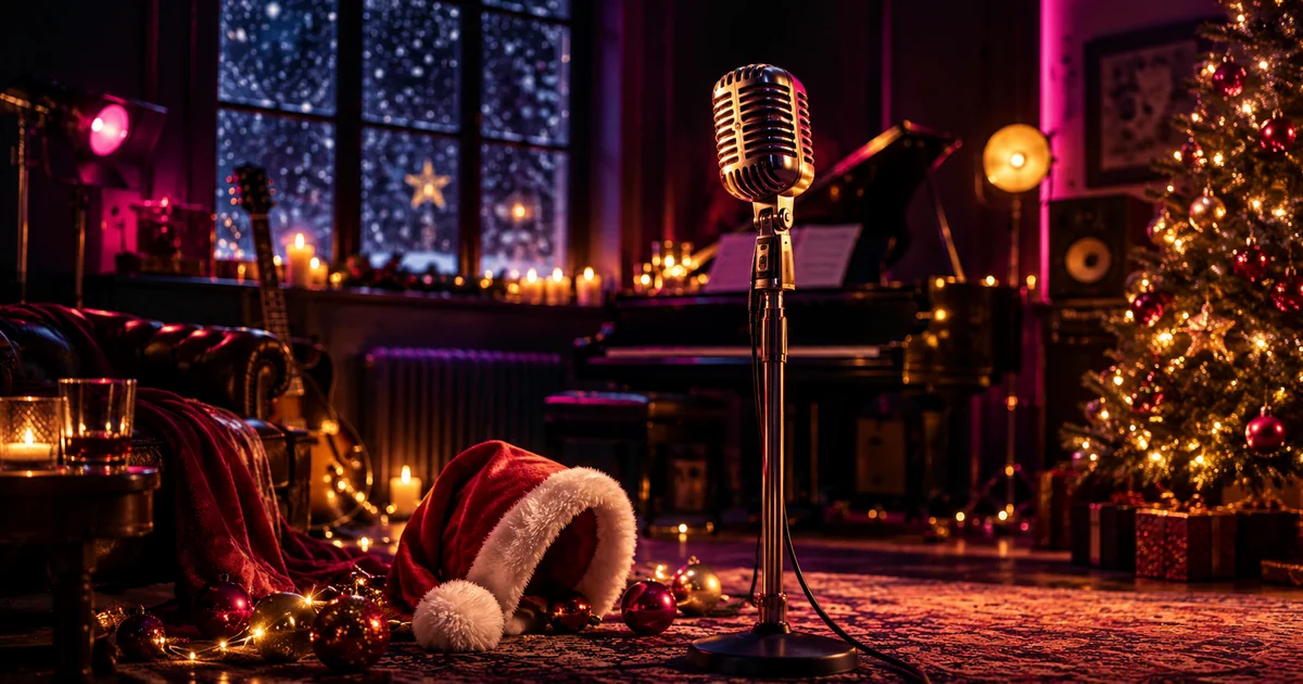 Weihnachtlich geschmücktes Musikstudio mit Mikrofon, Weihnachtsmütze und Klavier, KI-generierte symbolische Illustration