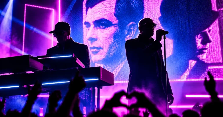 KI-generierte Illustration: Silhouetten der Pet Shop Boys auf einer Bühne mit Synthesizer und Mikrofon in pink-violettem Neonlicht