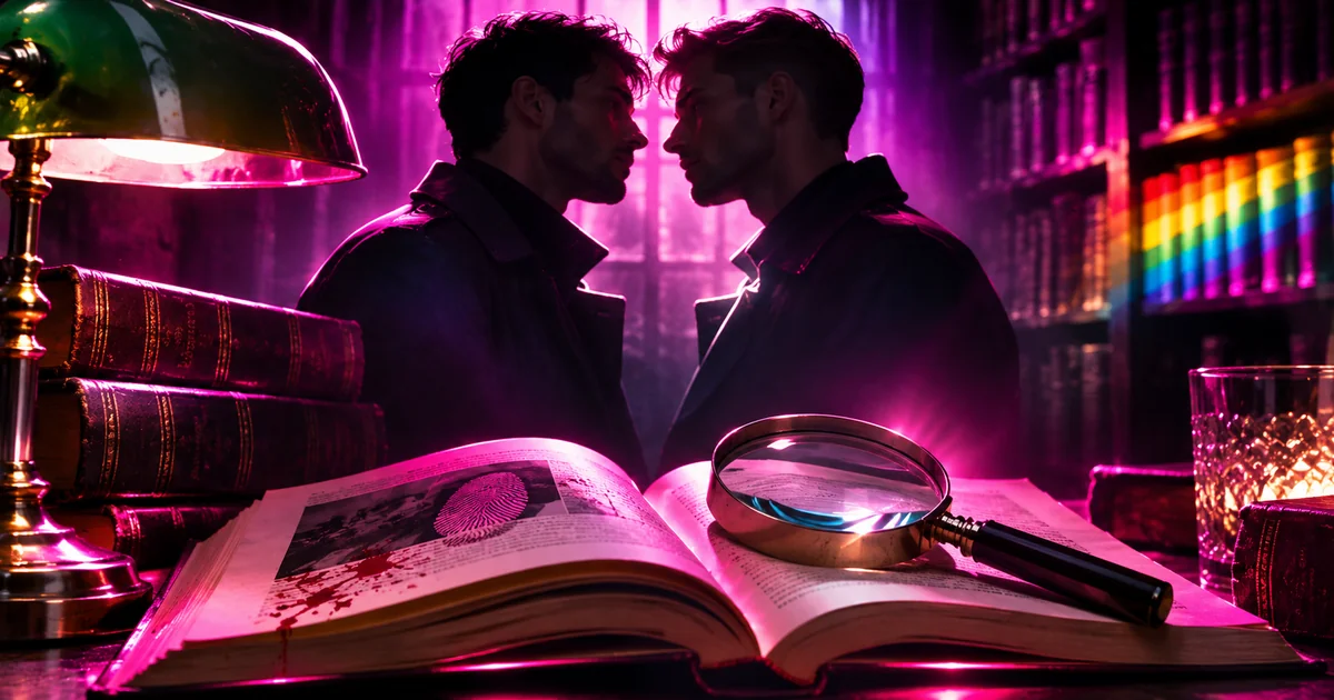 KI-generierte Noir-Szene mit zwei fiktiven Männern und einem offenen Kriminalroman in einer pink beleuchteten Bibliothek