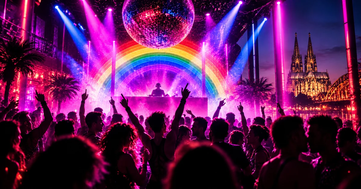 KI-generierte Illustration einer queeren Clubnacht in Köln mit DJ, Regenbogen-Lichtbogen und pink-violett beleuchteter Tanzfläche