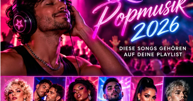 Queere Popmusik 2026: Musikliebhaber mit Kopfhörern im pink-violetten Clublicht