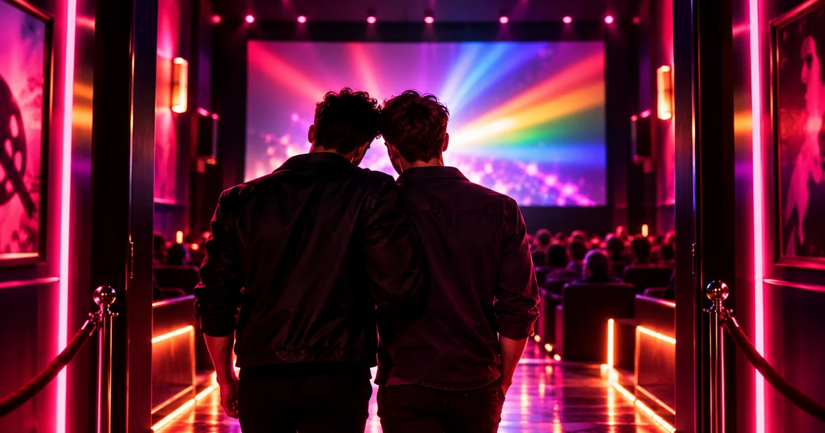 KI-generierte Kino-Symbolillustration: zwei fiktive Männer im pink beleuchteten Kinosaal vor einer regenbogenfarbenen Leinwand