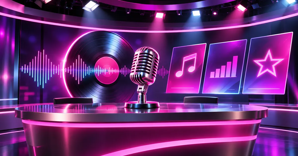 KI-generiertes pink-violettes Schlager-Nachrichtenstudio mit Mikrofon, Schallplatte und Chartsymbolen