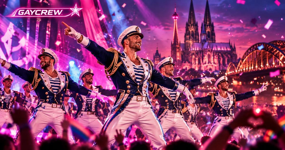 StattGarde Colonia Ahoj Sessionstanz 2026/27: GayCrew-Symbolillustration eines maritim gekleideten Tanzensembles vor dem Kölner Dom