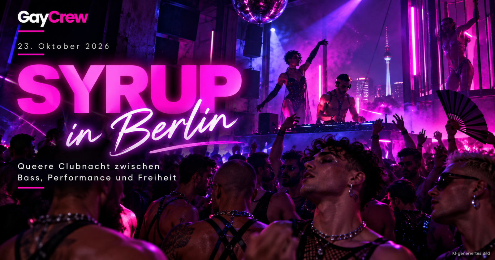 KI-generierte GayCrew-Illustration zur queeren Clubnacht SYRUP in Berlin am 23. Oktober 2026, mit DJ und Tanzfläche im pink-violetten Neonlicht
