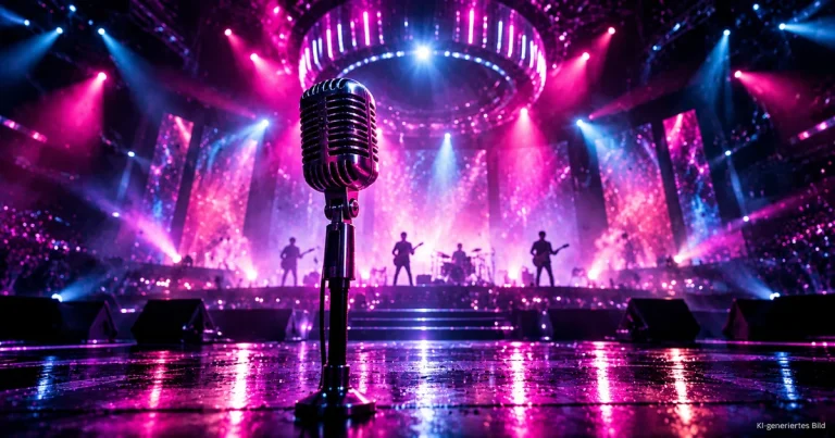 KI-generierte GayCrew-Symbolillustration zur Musik von Tokio Hotel: Mikrofon vor einer Konzertbühne im pink-violetten Neonlicht
