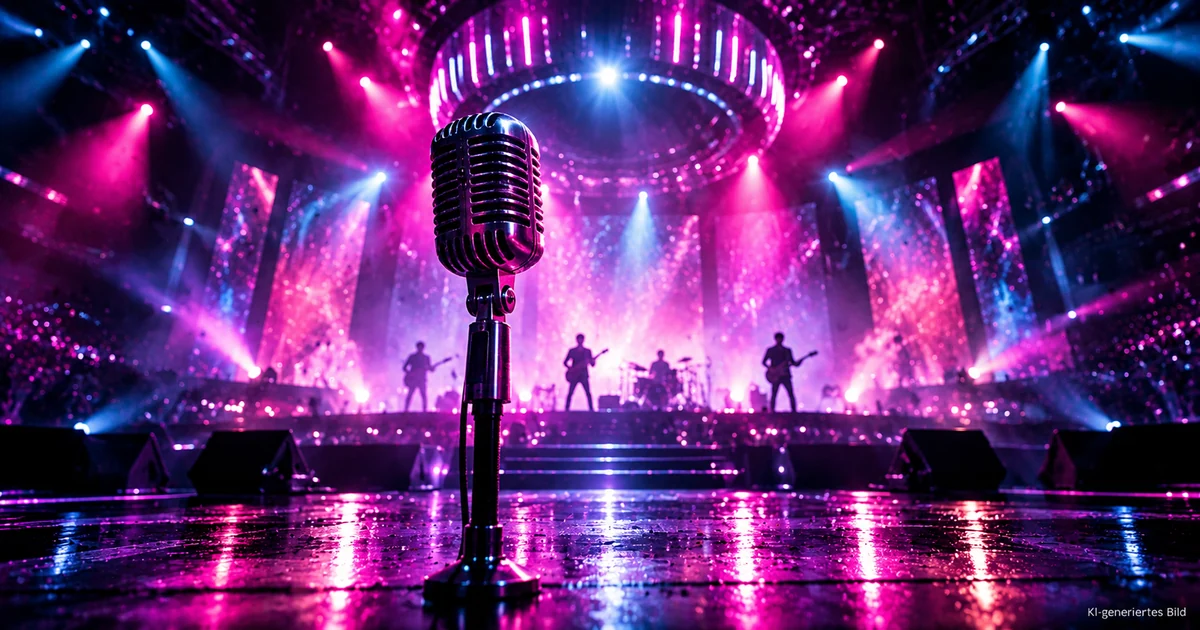 KI-generierte GayCrew-Symbolillustration zur Musik von Tokio Hotel: Mikrofon vor einer Konzertbühne im pink-violetten Neonlicht