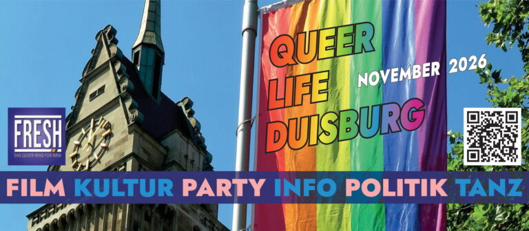 Queer.Life.Duisburg 2026 – offizieller Festivalbanner mit Regenbogenfahne und Duisburger Stadtkulisse